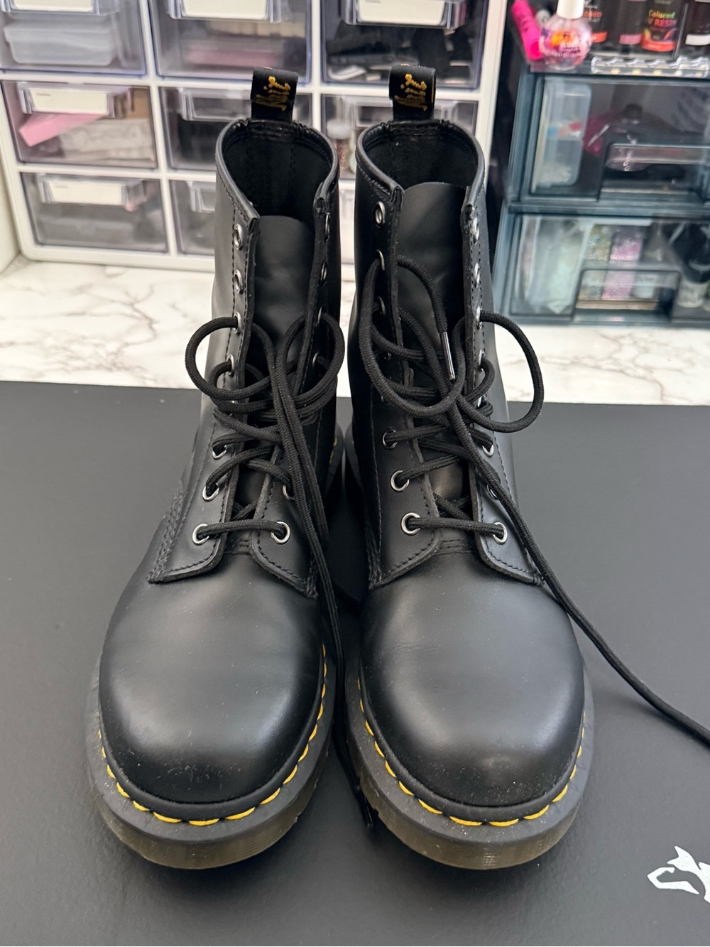Dr. Martens Black Leather Lace-Up classic Boots with Yellow Stitching